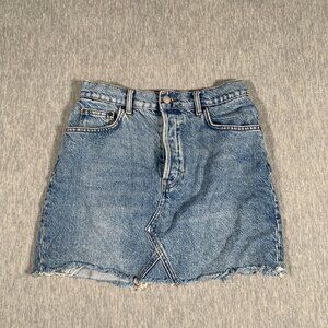 Reformation Cherry Skirt 26 Blue Denim Mini Raw Hem High Waist Distressed Jeans